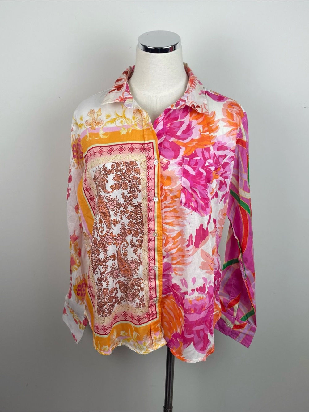 Calypso St. Barth Pink Orange White Floral Tropical Long Sleeve Button Down Top